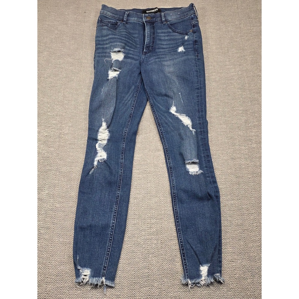 Express Denim Perfect Stretch+ High Rise Ankle Skinny Distressed Jeans‎ 4R Blue